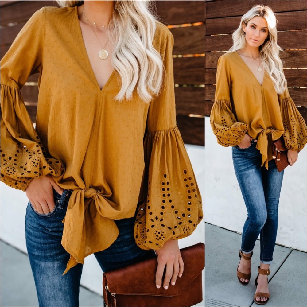 Last 3! Boho Peasant balloon sleeve tie top - Picture 4 of 7